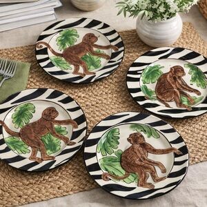 Becca Signature Collection Monkey Lunch Plates Set of 4 Zebra Rim 8” USA